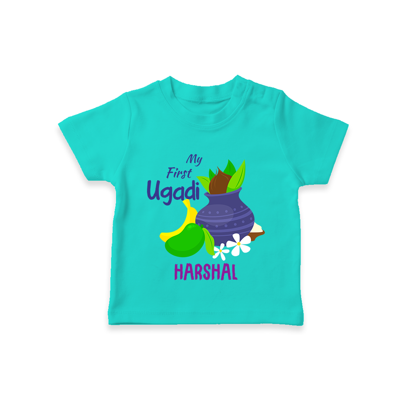 My First Ugadi With Mangoes & Sweets With Our Customized T-Shirt For kids With Name - TEAL - 0-5 Months Old (Chest 17")