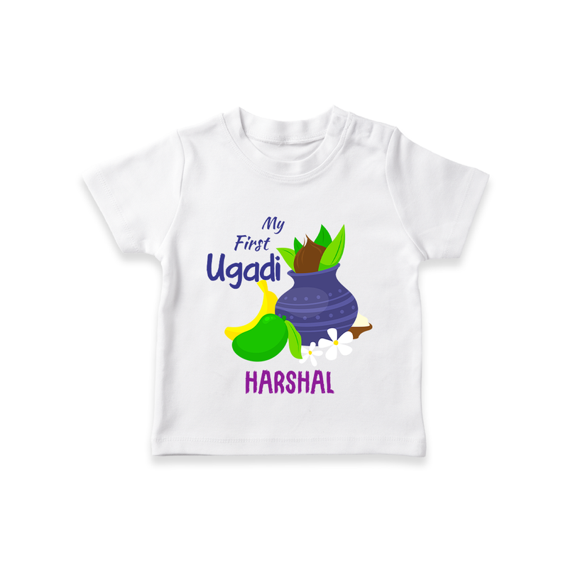 My First Ugadi With Mangoes & Sweets With Our Customized T-Shirt For kids With Name - WHITE - 0-5 Months Old (Chest 17")