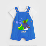 My First Ugadi With Mangoes & Sweets With Our Customized Dungaree Set For kids With Name - COBALT BLUE - 0 - 5 Months Old (Chest 18")