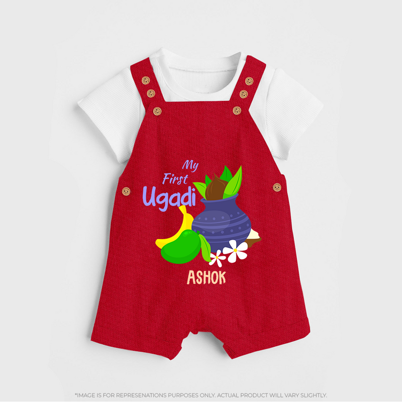 My First Ugadi With Mangoes & Sweets With Our Customized Dungaree Set For kids With Name - RED - 0 - 5 Months Old (Chest 18")