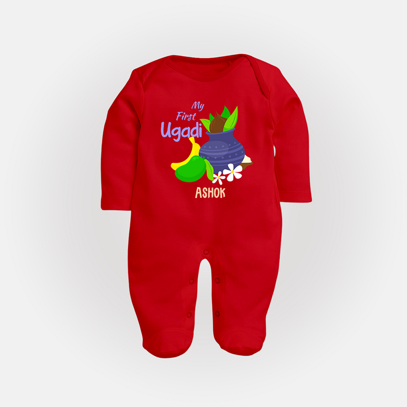 My First Ugadi With Mangoes & Sweets With Our Customized Sleep Suit For Babies With Name - RED - New Born (Chest 7.5")