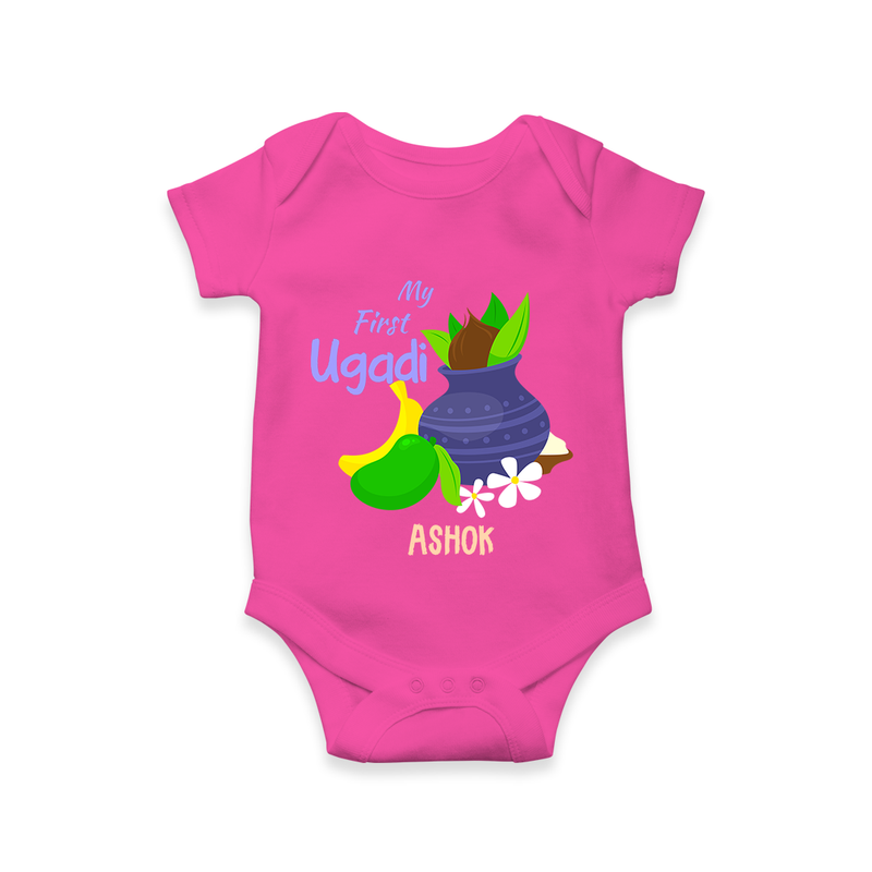 My First Ugadi With Mangoes & Sweets With Our Customized Romper For Babies With Name - HOT PINK - 0 - 3 Months Old (Chest 16")