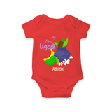 My First Ugadi With Mangoes & Sweets With Our Customized Romper For Babies With Name - RED - 0 - 3 Months Old (Chest 16")