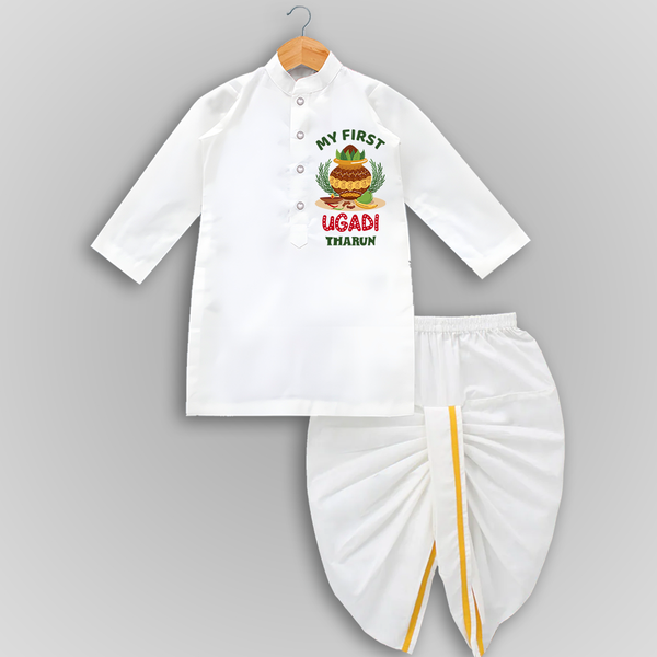 My First Ugadi Ð Festive Vibes With Our Customized Drapped Dhoti For kids With Name - WHITE - 0 - 6 Month Old (Chest 24", Kurta Length 14" , Waist 19", Dhoti Length 14")