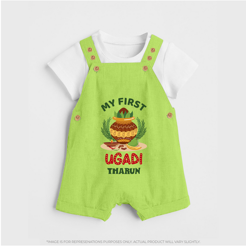 My First Ugadi Ð Festive Vibes With Our Customized Dungaree Set For kids With Name - GREEN - 0 - 5 Months Old (Chest 18")