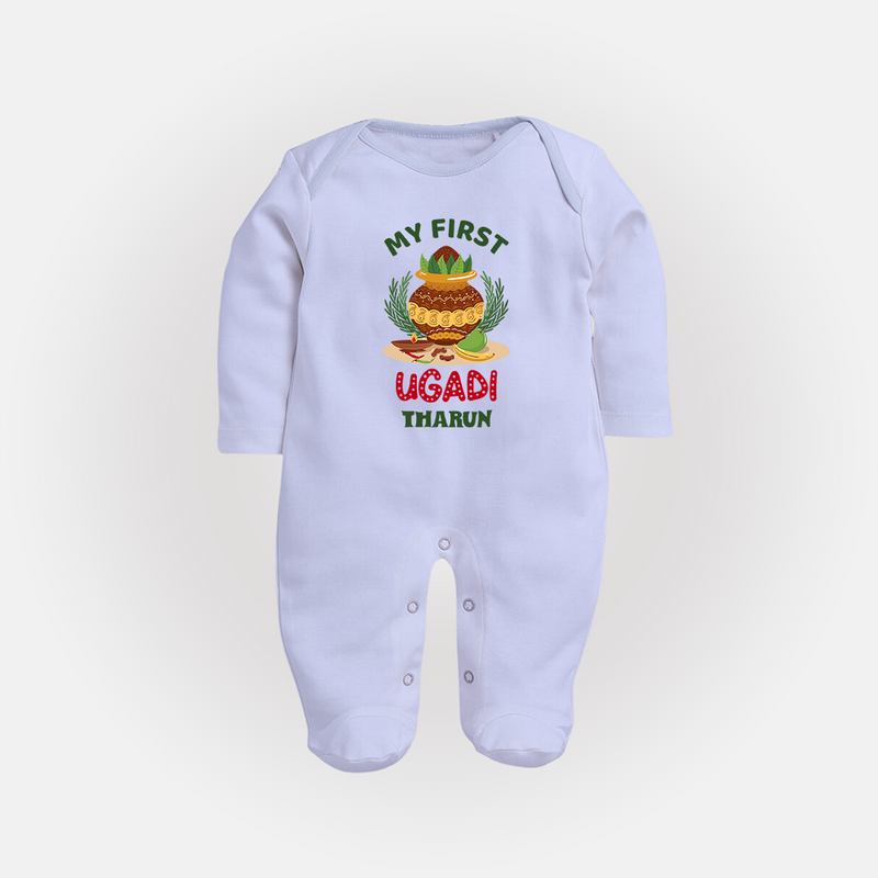 My First Ugadi Ð Festive Vibes With Our Customized Sleep Suit For Babies With Name - BABY BLUE - New Born (Chest 7.5")