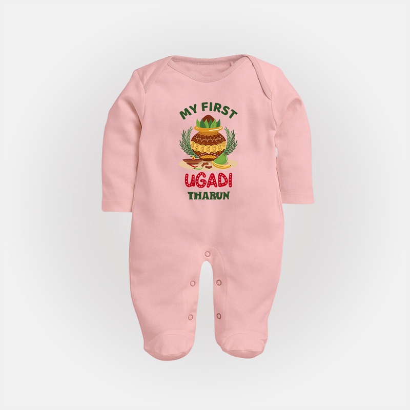 My First Ugadi Ð Festive Vibes With Our Customized Sleep Suit For Babies With Name - BABY PINK - New Born (Chest 7.5")