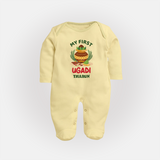 My First Ugadi Ð Festive Vibes With Our Customized Sleep Suit For Babies With Name - PASTEL YELLOW - New Born (Chest 7.5")