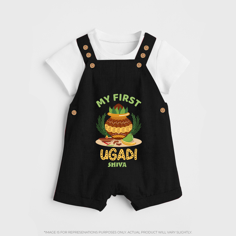 My First Ugadi Ð Festive Vibes With Our Customized Dungaree Set For kids With Name - BLACK - 0 - 5 Months Old (Chest 18")