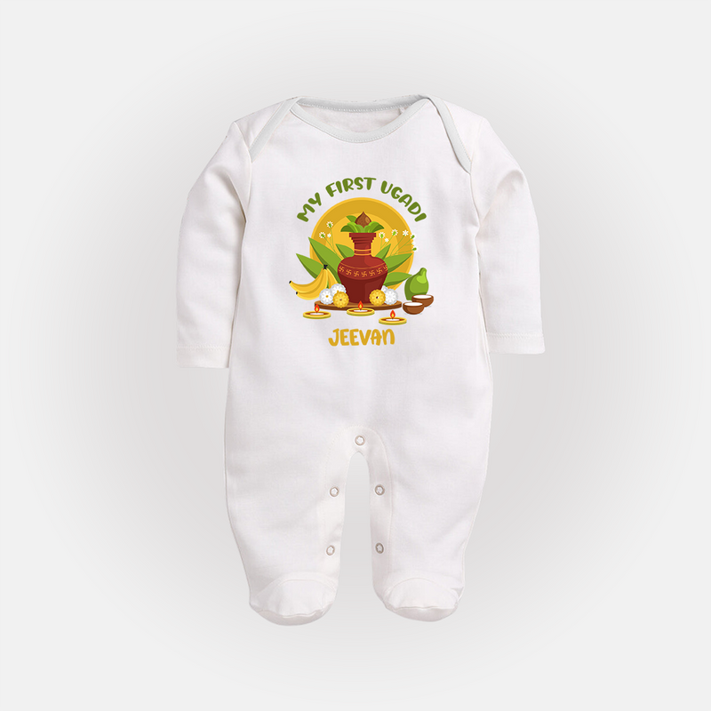 My First Ugadi Ð A Sweet Start With Our Customized Sleep Suit For Babies With Name - WHITE - New Born (Chest 7.5")