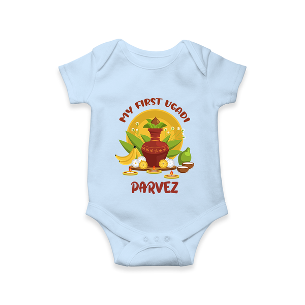 My First Ugadi Celebration – Custom Name Baby Romper - BABY BLUE - New Born (Chest 14")