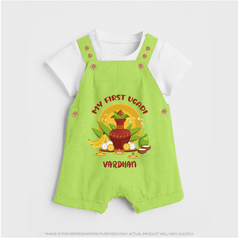 My First Ugadi Ð A Sweet Start With Our Customized Dungaree Set For kids With Name - GREEN - 0 - 5 Months Old (Chest 18")