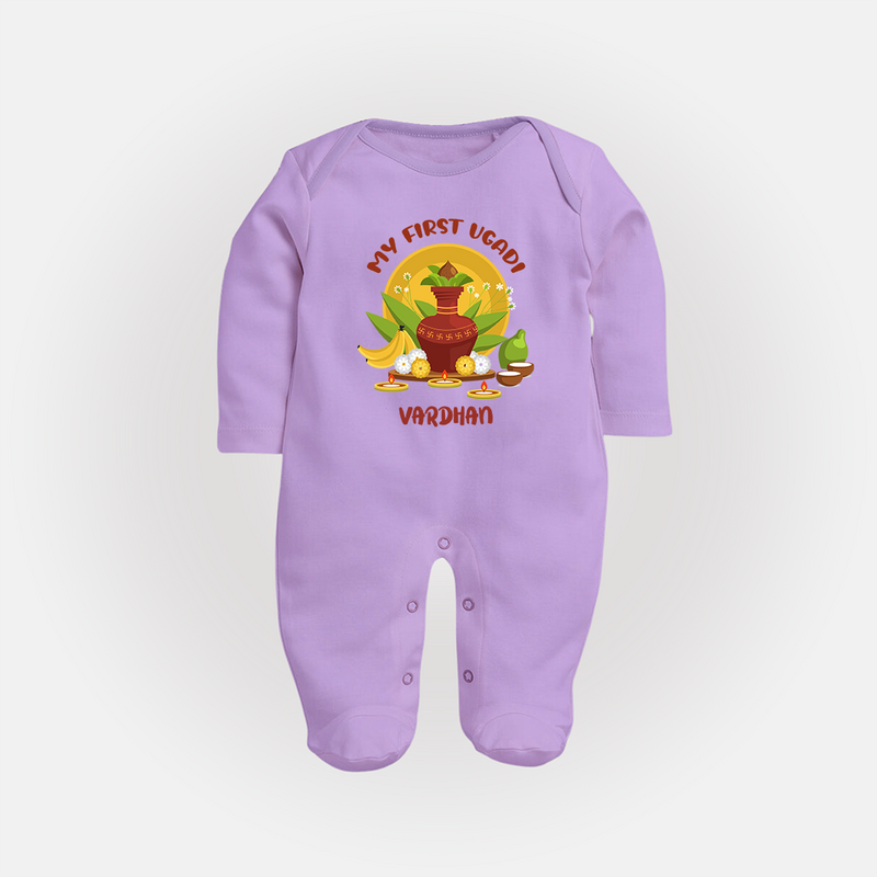 My First Ugadi Ð A Sweet Start With Our Customized Sleep Suit For Babies With Name - LILAC - New Born (Chest 7.5")