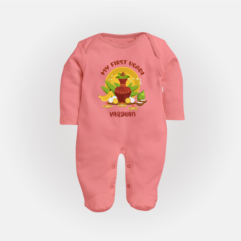 My First Ugadi Ð A Sweet Start With Our Customized Sleep Suit For Babies With Name - PEACH - New Born (Chest 7.5")