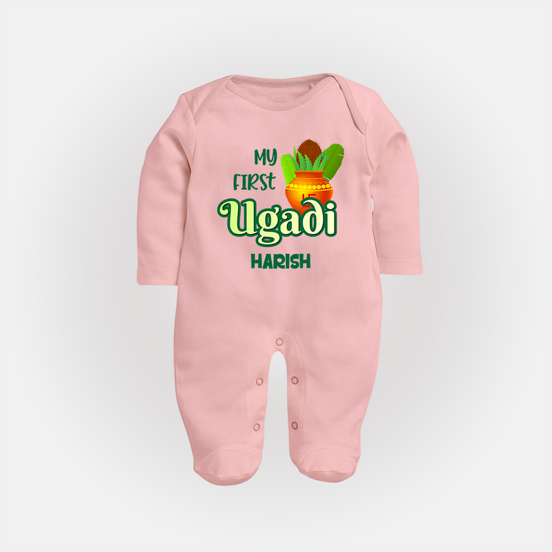 My First Ugadi Ð Puran Poli & Happiness With Our Customized Sleep Suit For Babies With Name - BABY PINK - New Born (Chest 7.5")