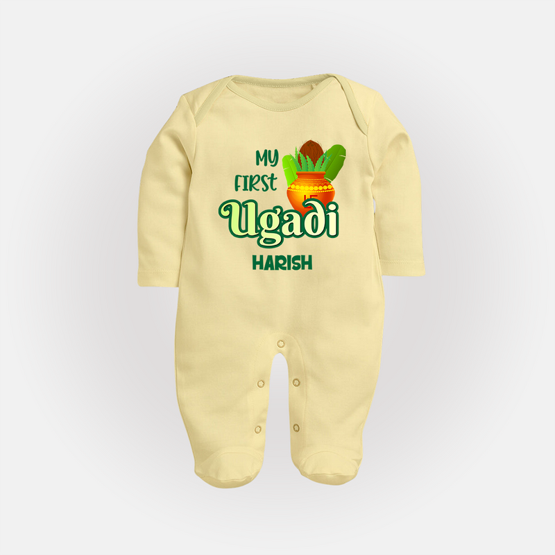 My First Ugadi Ð Puran Poli & Happiness With Our Customized Sleep Suit For Babies With Name - PASTEL YELLOW - New Born (Chest 7.5")