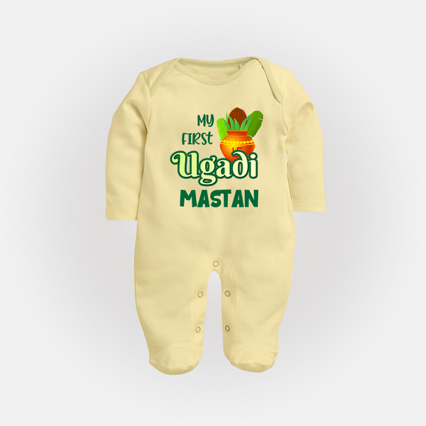 My First Ugadi Moment – Personalized Baby Fullbody Suit - PASTEL YELLOW - New Born (Chest 7.5")