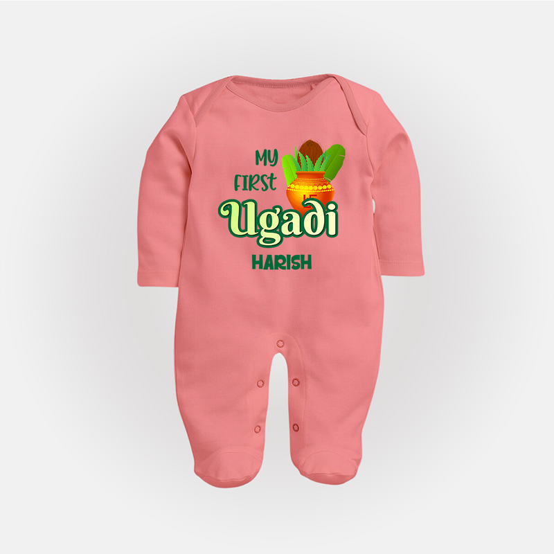 My First Ugadi Ð Puran Poli & Happiness With Our Customized Sleep Suit For Babies With Name - PEACH - New Born (Chest 7.5")