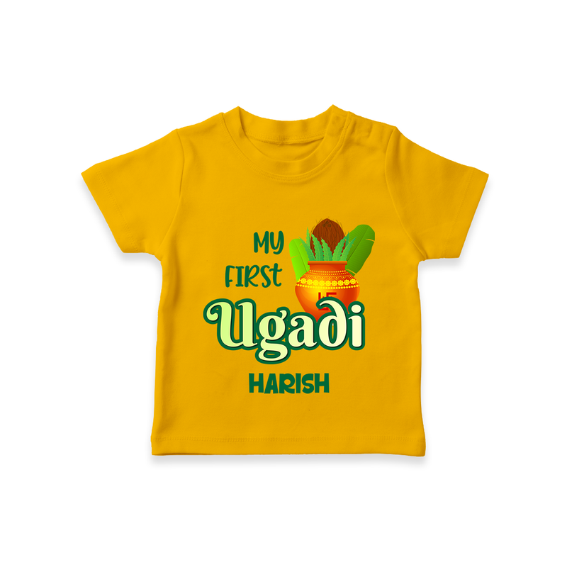 My First Ugadi Ð Puran Poli & Happiness With Our Customized T-Shirt For kids With Name - CHROME YELLOW - 0-5 Months Old (Chest 17")