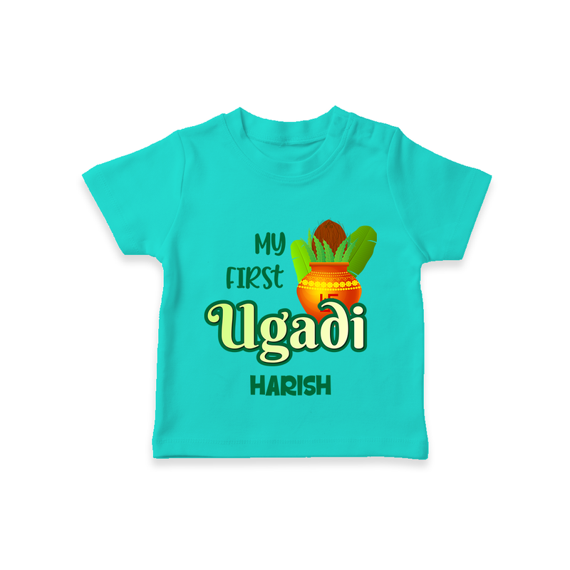 My First Ugadi Ð Puran Poli & Happiness With Our Customized T-Shirt For kids With Name - TEAL - 0-5 Months Old (Chest 17")