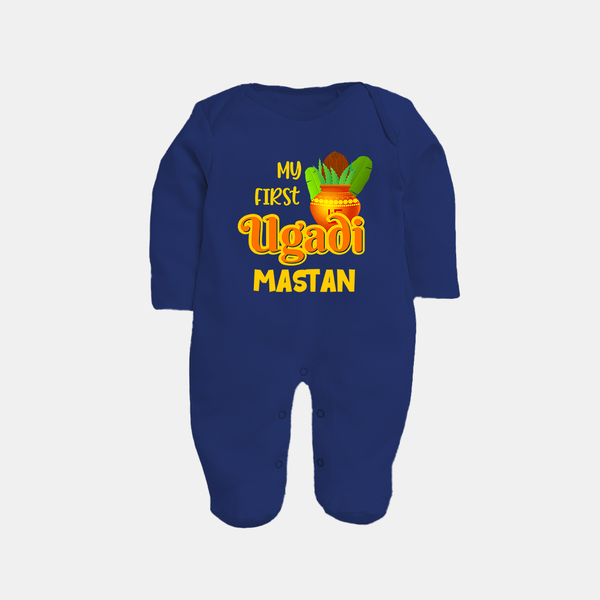 My First Ugadi Moment – Personalized Baby Fullbody Suit - NAVY BLUE - New Born (Chest 7.5")