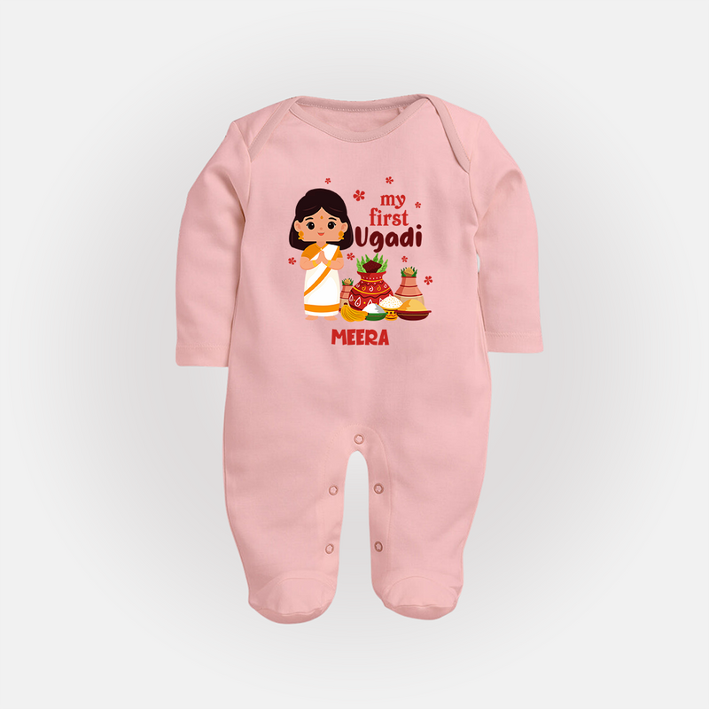 My First Ugadi Ð A Year of Blessings With Our Customized Sleep Suit For Babies With Name - BABY PINK - New Born (Chest 7.5")