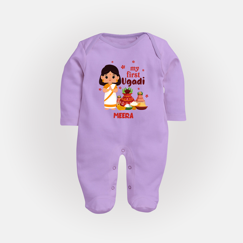 My First Ugadi Ð A Year of Blessings With Our Customized Sleep Suit For Babies With Name - LILAC - New Born (Chest 7.5")