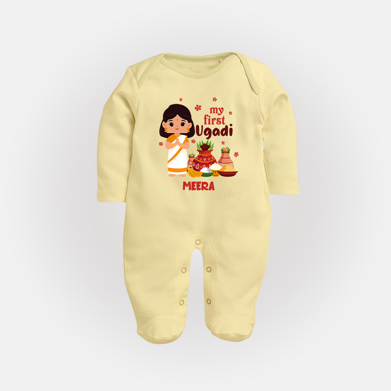 My First Ugadi Ð A Year of Blessings With Our Customized Sleep Suit For Babies With Name - PASTEL YELLOW - New Born (Chest 7.5")