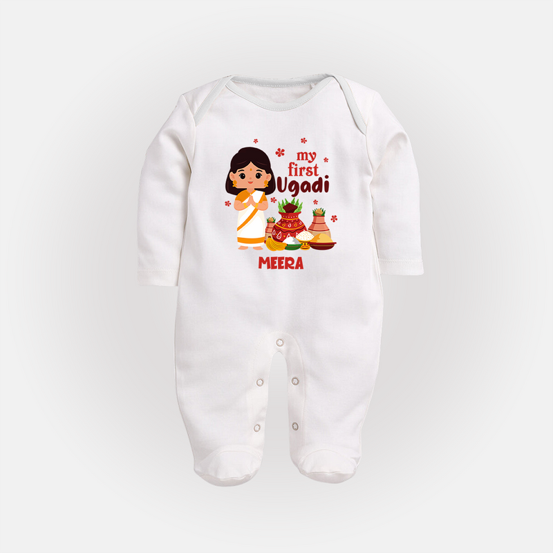 My First Ugadi Ð A Year of Blessings With Our Customized Sleep Suit For Babies With Name - WHITE - New Born (Chest 7.5")