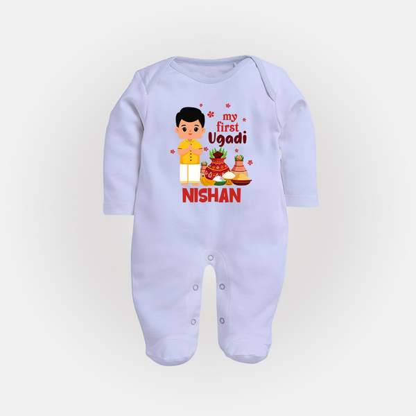 My First Ugadi – Personalized Unisex Baby Fullbody Suit - BABY BLUE - New Born (Chest 7.5")