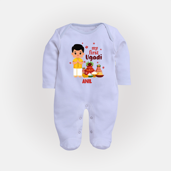 My First Ugadi Ð New Hopes, New Smiles With Our Customized Sleep Suit For Babies With Name - BABY BLUE - New Born (Chest 7.5")