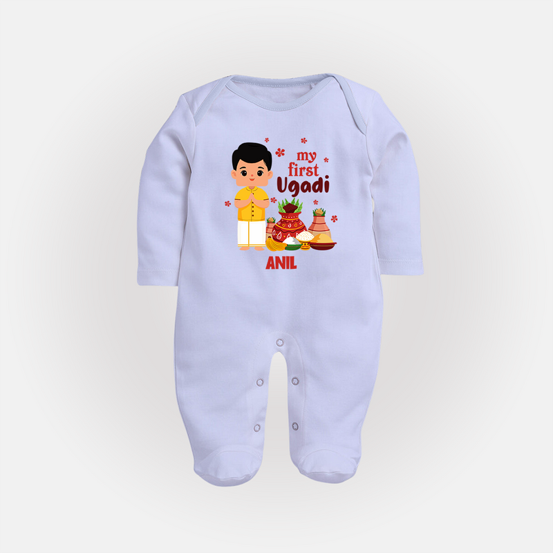 My First Ugadi Ð New Hopes, New Smiles With Our Customized Sleep Suit For Babies With Name - BABY BLUE - New Born (Chest 7.5")