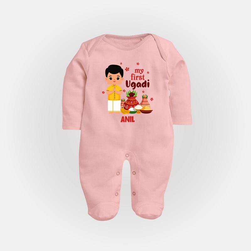 My First Ugadi Ð New Hopes, New Smiles With Our Customized Sleep Suit For Babies With Name - BABY PINK - New Born (Chest 7.5")