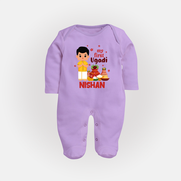 My First Ugadi – Personalized Unisex Baby Fullbody Suit - LILAC - New Born (Chest 7.5")