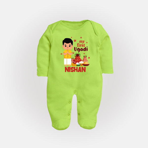 My First Ugadi – Personalized Unisex Baby Fullbody Suit - LIME GREEN - New Born (Chest 7.5")