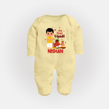 My First Ugadi – Personalized Unisex Baby Fullbody Suit - PASTEL YELLOW - New Born (Chest 7.5")