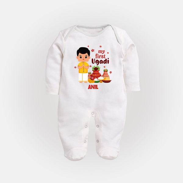 My First Ugadi Ð New Hopes, New Smiles With Our Customized Sleep Suit For Babies With Name - WHITE - New Born (Chest 7.5")