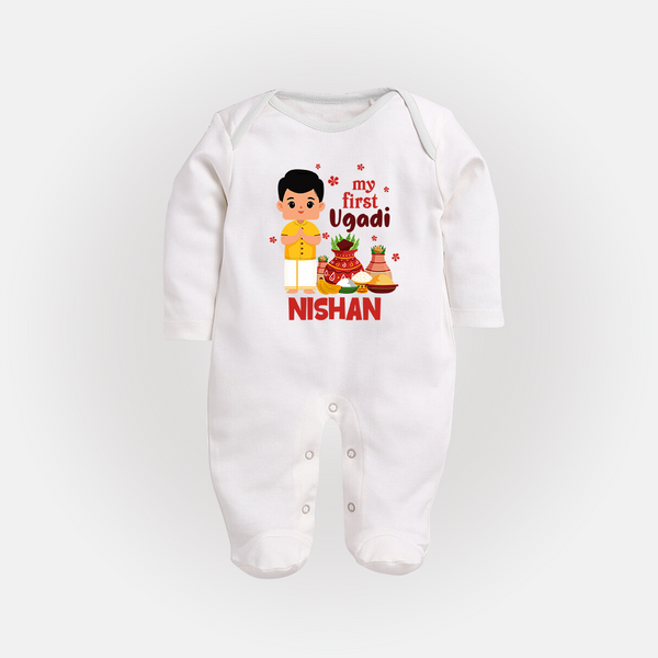 My First Ugadi – Personalized Unisex Baby Fullbody Suit - WHITE - New Born (Chest 7.5")