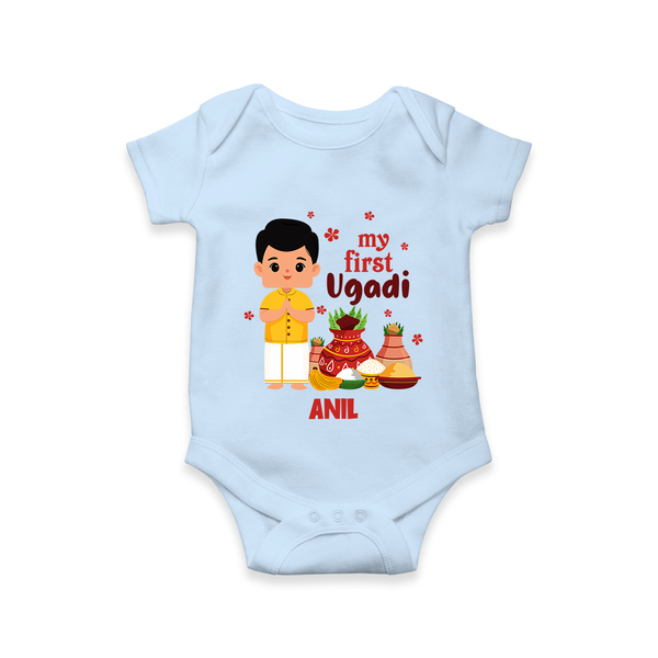 My First Ugadi Ð New Hopes, New Smiles With Our Customized Romper For Babies With Name - BABY BLUE - 0 - 3 Months Old (Chest 16")