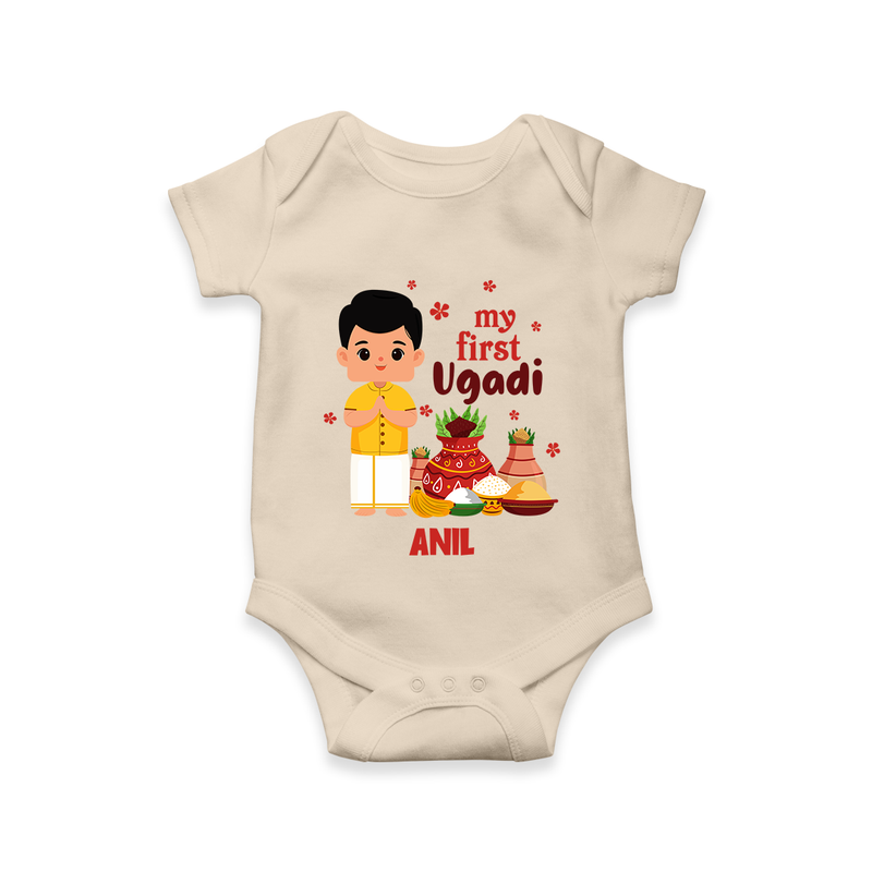 My First Ugadi Ð New Hopes, New Smiles With Our Customized Romper For Babies With Name - IVORY - 0 - 3 Months Old (Chest 16")