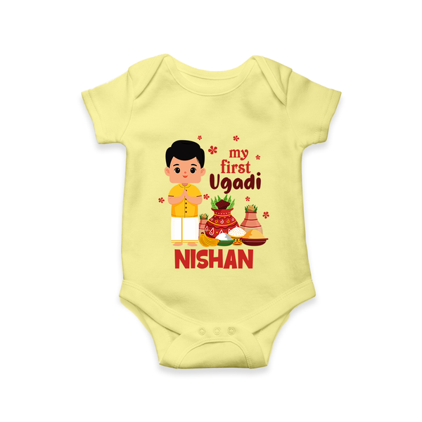 My First Ugadi – Personalized Unisex Baby Romper - PASTEL YELLOW - New Born (Chest 14")
