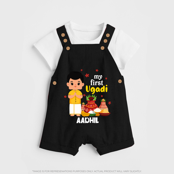 My First Ugadi Ð New Hopes, New Smiles With Our Customized Dungaree Set For kids With Name - BLACK - 0 - 5 Months Old (Chest 18")