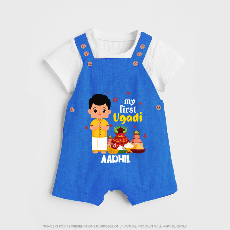 My First Ugadi Ð New Hopes, New Smiles With Our Customized Dungaree Set For kids With Name - COBALT BLUE - 0 - 5 Months Old (Chest 18")