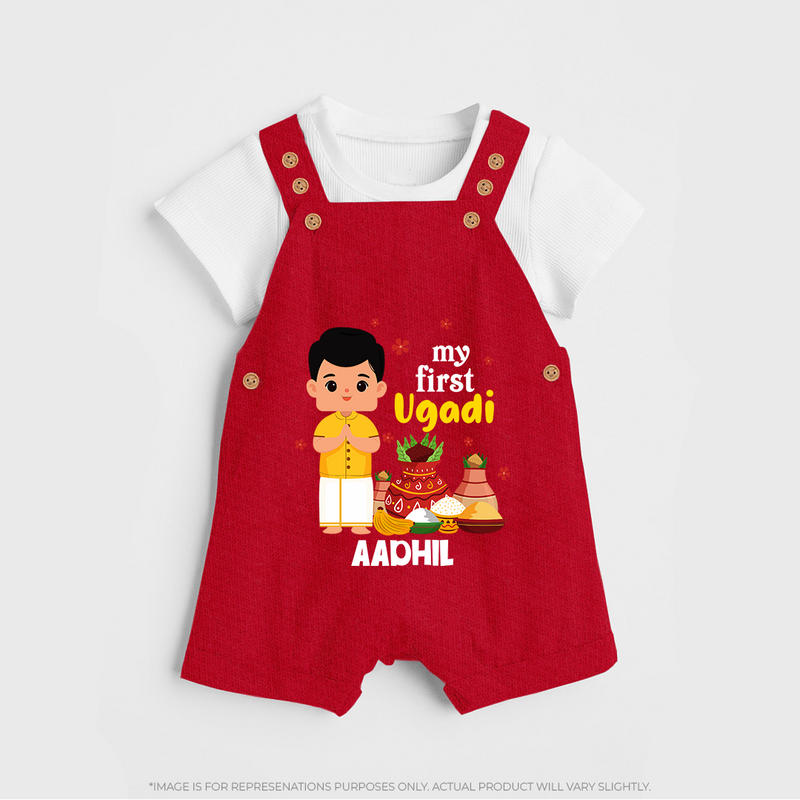 My First Ugadi Ð New Hopes, New Smiles With Our Customized Dungaree Set For kids With Name - RED - 0 - 5 Months Old (Chest 18")