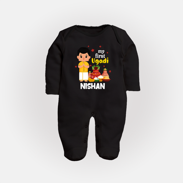 My First Ugadi – Personalized Unisex Baby Fullbody Suit - BLACK - New Born (Chest 7.5")
