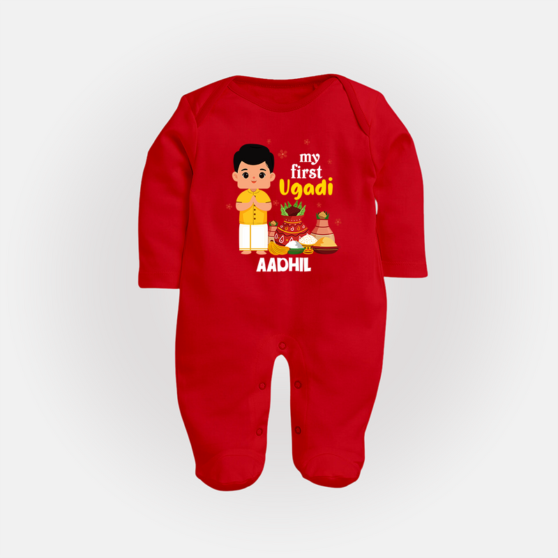 My First Ugadi Ð New Hopes, New Smiles With Our Customized Sleep Suit For Babies With Name - RED - New Born (Chest 7.5")