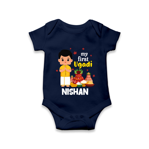 My First Ugadi – Personalized Unisex Baby Romper - NAVY BLUE - New Born (Chest 14")