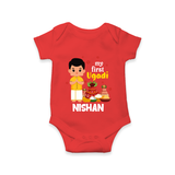 My First Ugadi – Personalized Unisex Baby Romper - RED - New Born (Chest 14")
