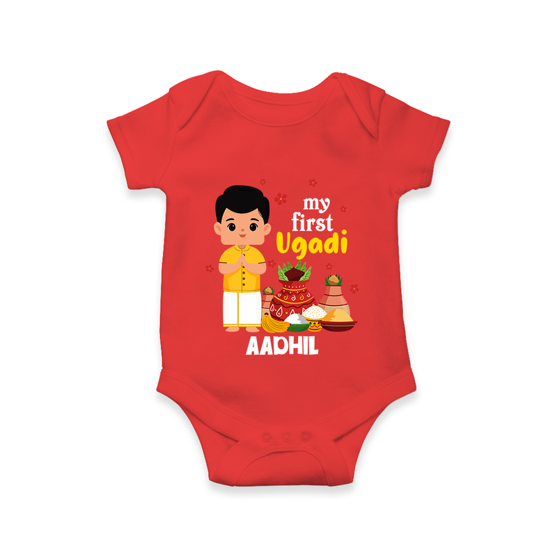 My First Ugadi Ð New Hopes, New Smiles With Our Customized Romper For Babies With Name - RED - 0 - 3 Months Old (Chest 16")