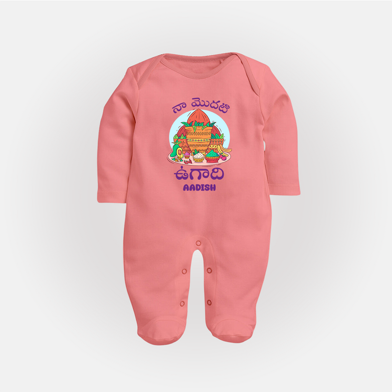 My First Ugadi Ð Let's Celebrate Together With Our Customized Sleep Suit For Babies With Name - PEACH - New Born (Chest 7.5")